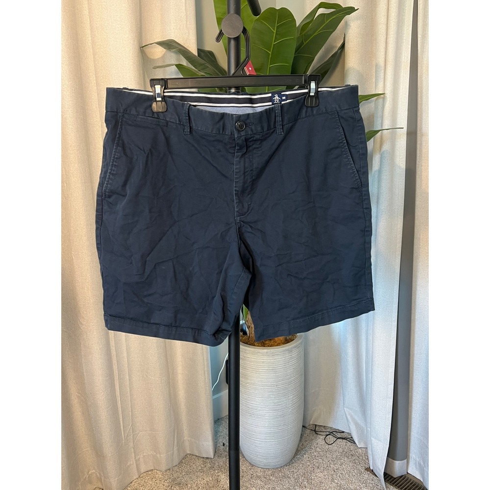 Original Penguin Mens Navy Blue Chino Shorts Flat Front Size 36 Casual Summer